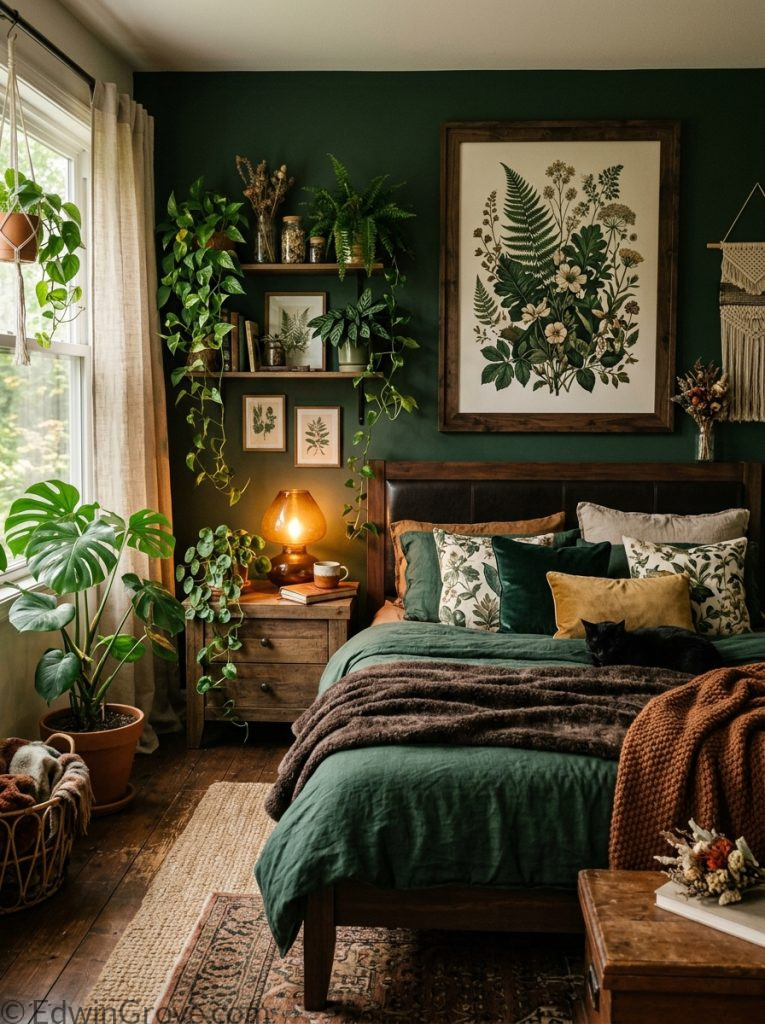 Dark nature aesthetic cozy feminine bedroom with forest earthy tones trailing plants dark botanicals large botanical print dark bedding natural throws and warm lamp