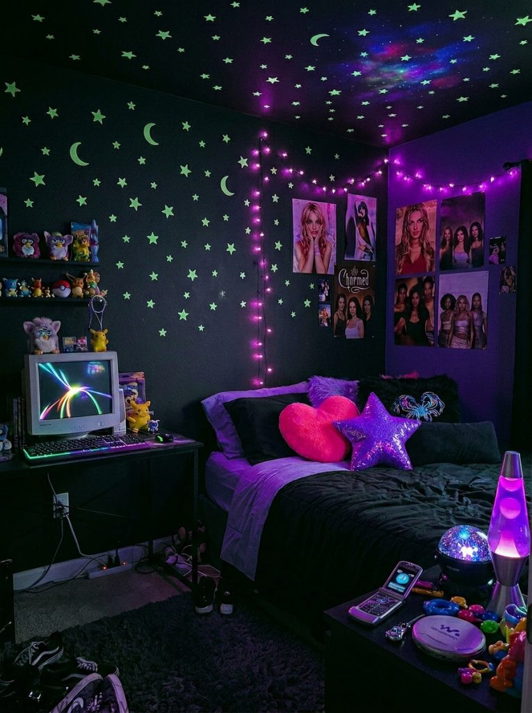 Dark y2k bedroom with black charcoal deep purple tones holographic accents dark bedding neon pink pillows glow stars and purple fairy lights 