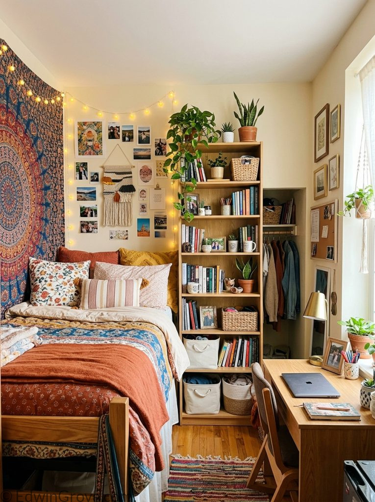 Dorm apartment bedroom with tall shelving string lights tapestry colorful layered bedding and small desk area with plants and personal accessories 