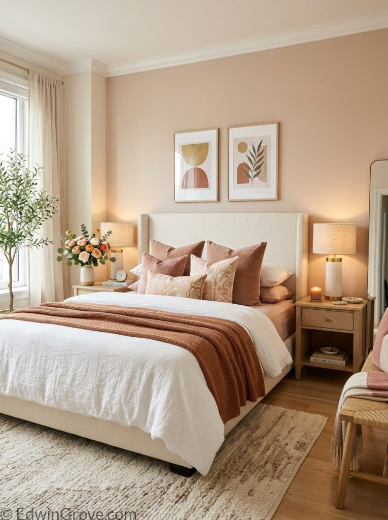  Dream apartment bedroom with elegant warm tones upholstered headboard soft accent wall matching lamps fresh flowers and luxurious layered bedding