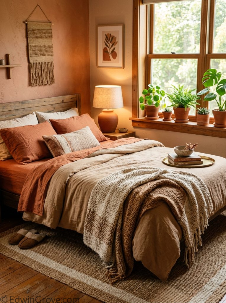 Earthy cozy warm bedroom with terracotta clay warm brown tones earthy bedding woven throw clay pots plants and warm wooden nightstand