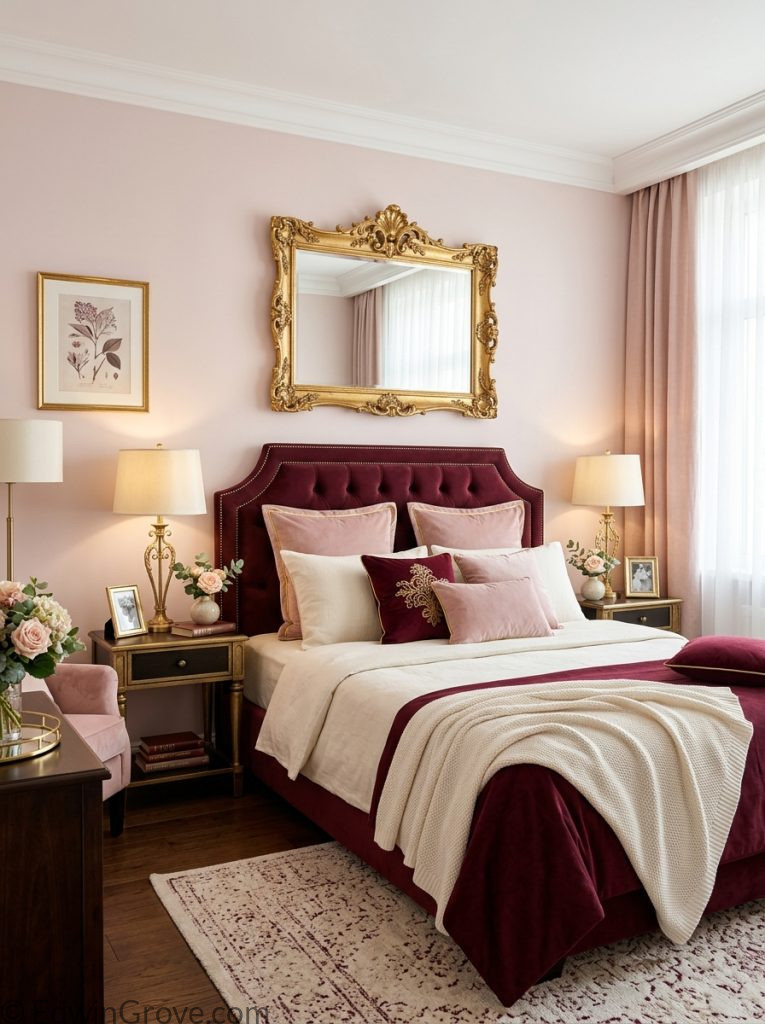 Elegant burgundy and pink bedroom with burgundy upholstered headboard cream bedding blush velvet pillows gold lamps and ornate mirror