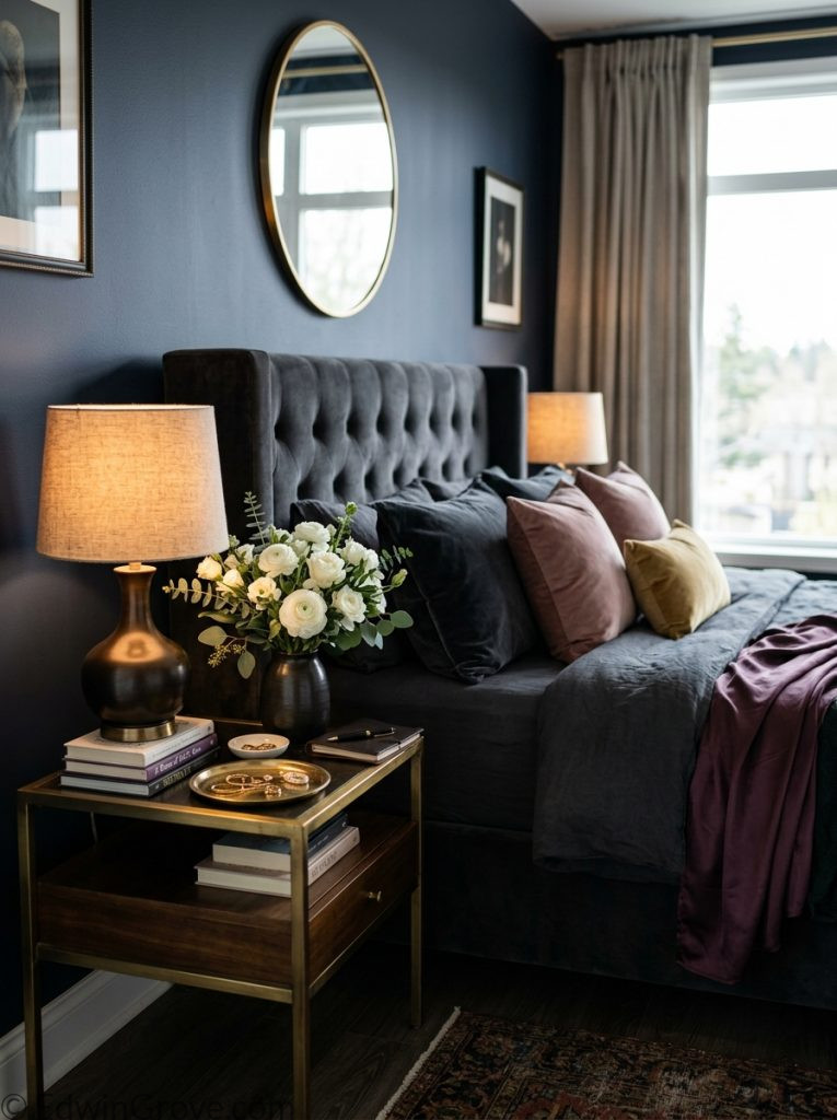 Elegant dark feminine bedroom with sophisticated dark tones velvet headboard beautiful table lamp fresh white flowers dark vase and silk throw