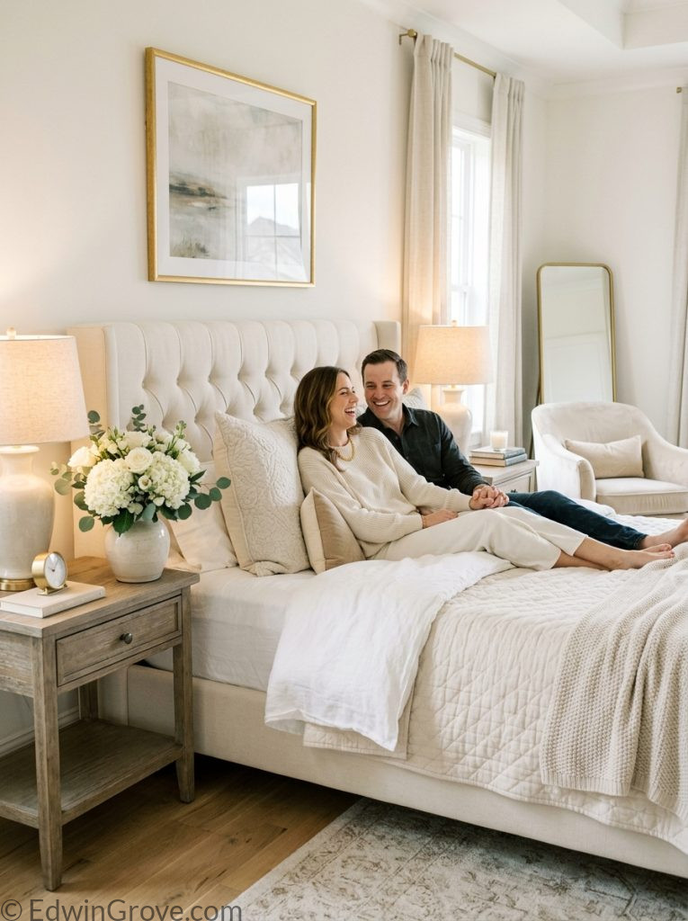 : Elegant master bedroom for couples with cream white tones upholstered headboard matching elegant lamps fresh white flowers and luxury bedding 