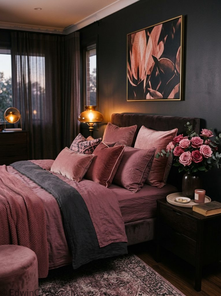  Dark feminine bedroom with dusty mauve dark rose pink charcoal tones layered pink dark bedding velvet pillows warm lamp and fresh pink roses 