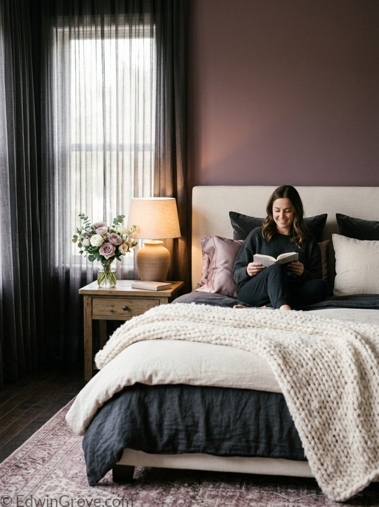 Soft dark feminine bedroom with dusty mauve charcoal cream tones fluffy throw silk pillow sheer curtains warm gentle lamp and soft fresh flowers 