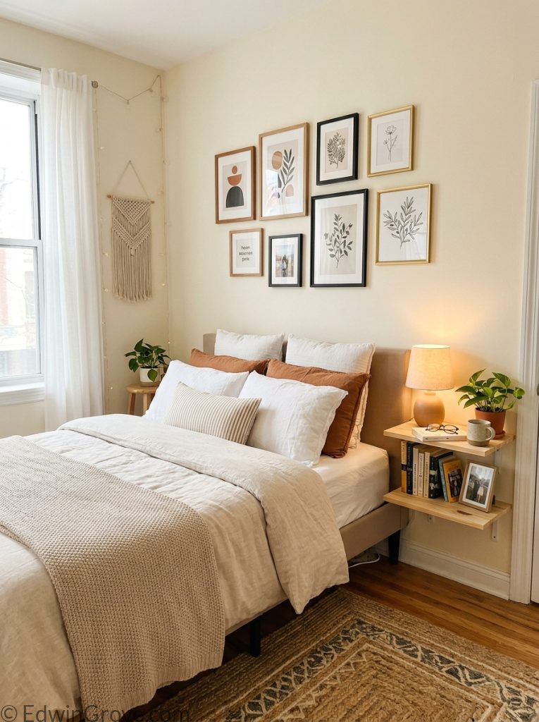 First apartment bedroom with floating shelves simple warm lamp affordable gallery wall cozy neutral bedding fresh and personal budget-friendly styling