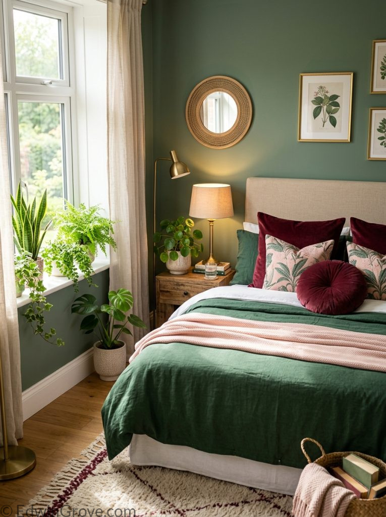 Green burgundy and pink bedroom with sage forest green tones burgundy pink pillows lush plants on windowsill and warm natural light 