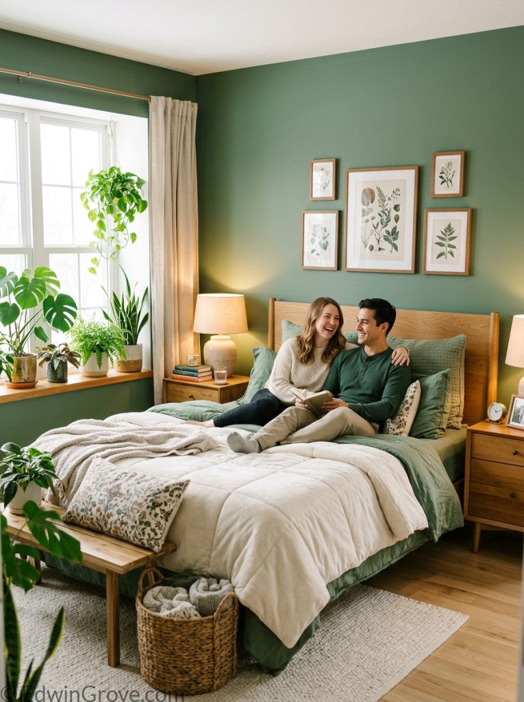 Green master bedroom for couples with sage forest green cream warm wood tones green cream bedding layered pillows plants and warm lamps
