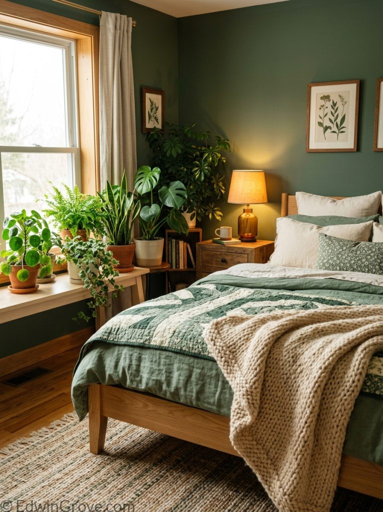 Green cozy warm bedroom with sage forest green cream amber tones green bedding knit throw warm lamp and lush plants