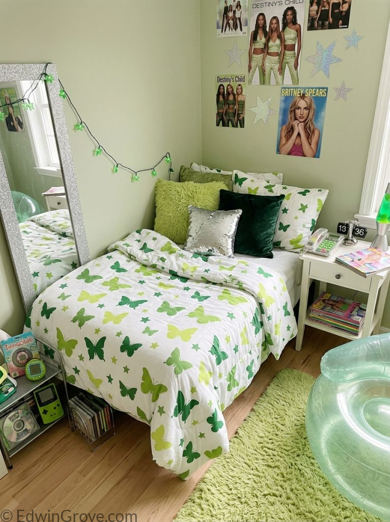 Green y2k bedroom with lime sage green white tones y2k butterfly star prints retro green silver accessories and fresh atmosphere