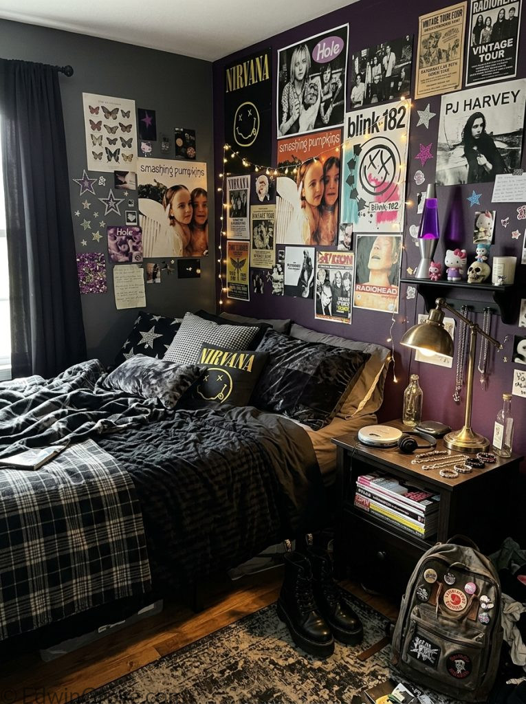Grunge y2k bedroom with black grey deep purple tones band posters butterfly star prints dark bedding layered textures and vintage lamp 