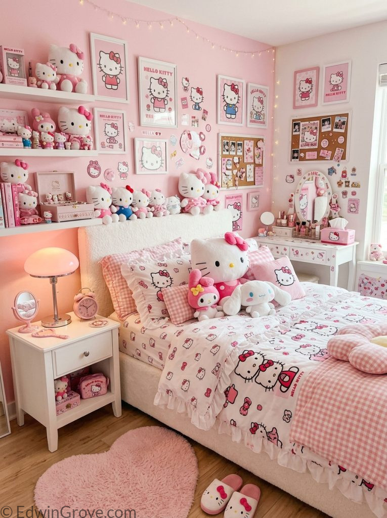 Hello kitty y2k bedroom with pink white scheme hello kitty accessories shelves prints fluffy bedding retro pink lamp