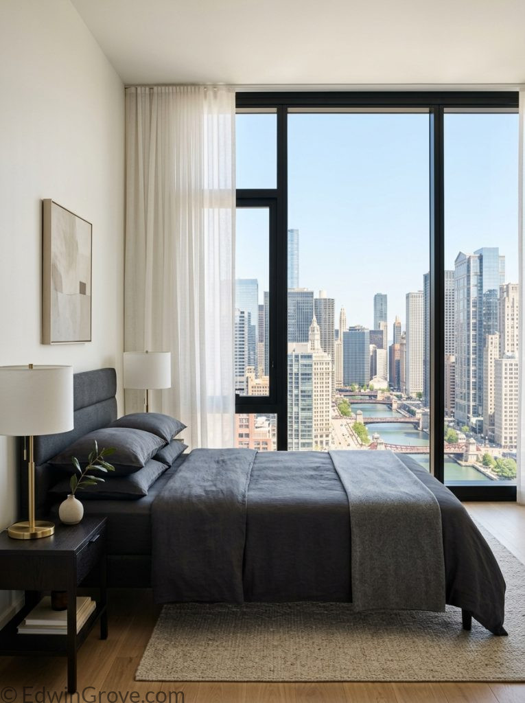  High rise apartment bedroom with stunning city view floor-to-ceiling window dark sophisticated bedding minimal accessories elegant lamp and clean surfaces 