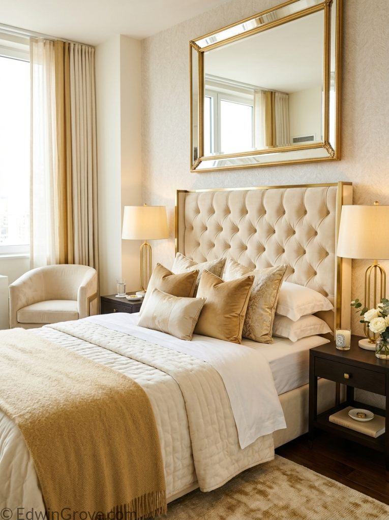 Luxury apartment bedroom with cream warm gold tones tufted headboard premium layered bedding velvet pillows matching gold lamps and statement mirror