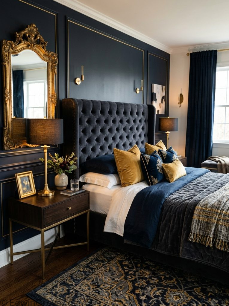  Luxury dark feminine bedroom with dark navy charcoal gold tones tufted velvet headboard premium bedding gold pillows matching lamps and ornate mirror 