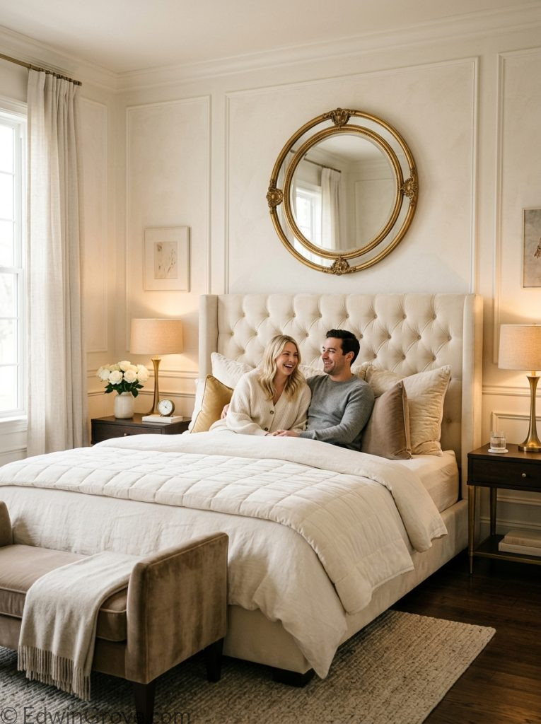  Luxury master bedroom for couples with tufted headboard premium layered bedding velvet pillows matching gold lamps and large statement mirror