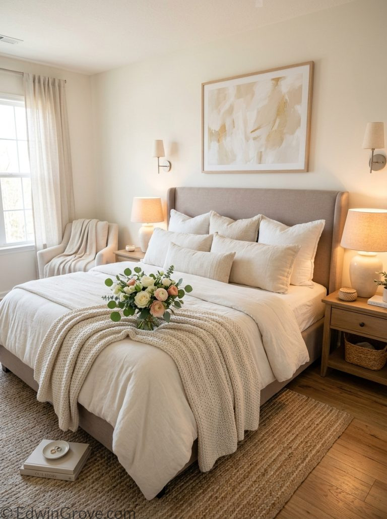 Beautiful master bedroom for couples with neutral tones matching nightstands warm lamps elegant layered bedding and fresh flowers