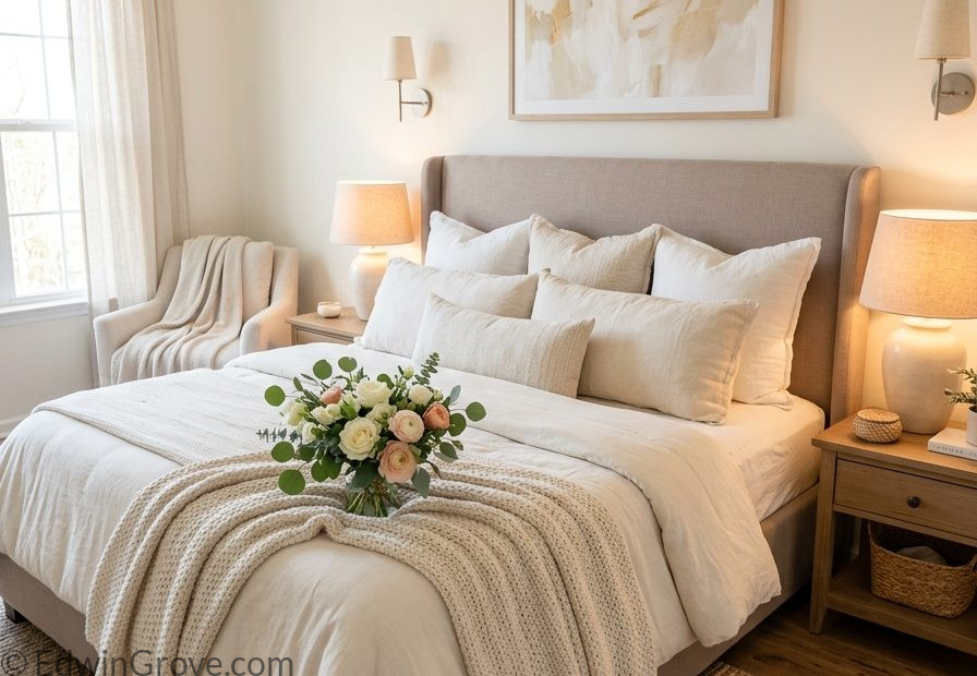 Beautiful master bedroom for couples with neutral tones matching nightstands warm lamps elegant layered bedding and fresh flowers