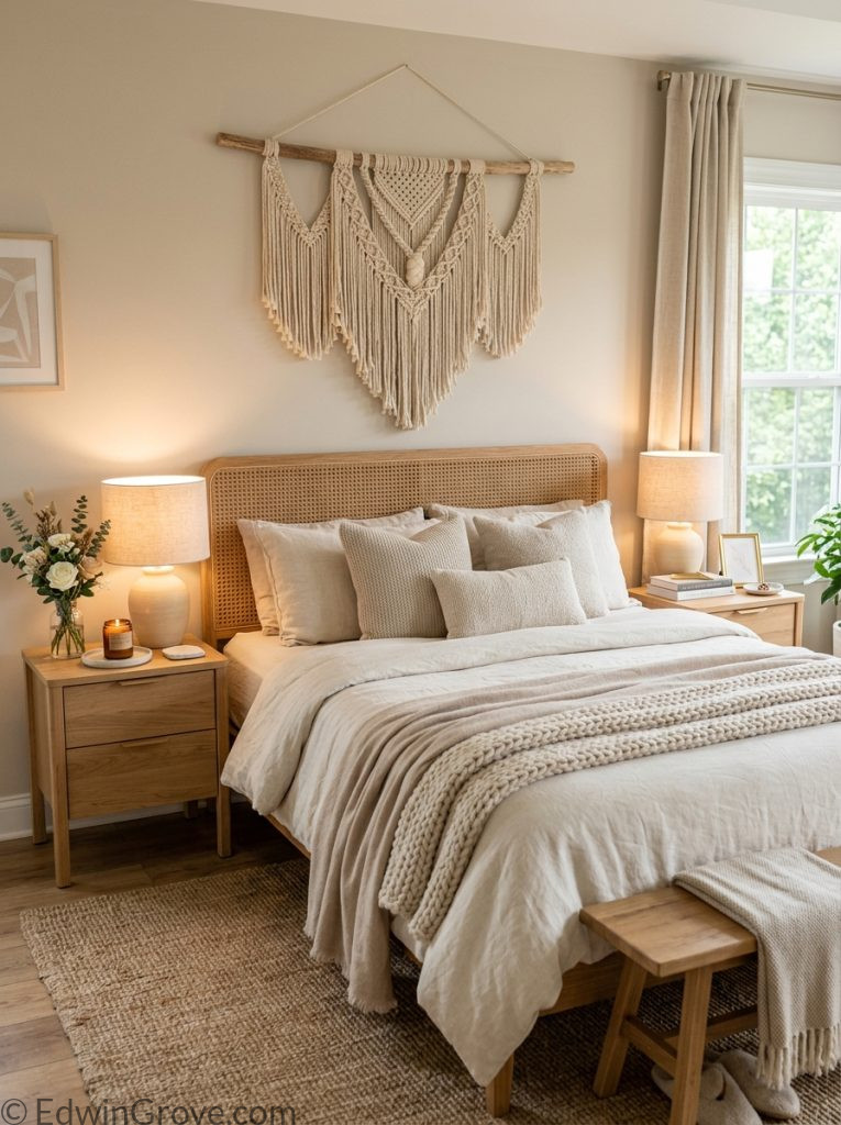  Aesthetic master bedroom for couples with warm neutral tones woven wall hanging matching lamps fresh flowers candle book and curated accessories