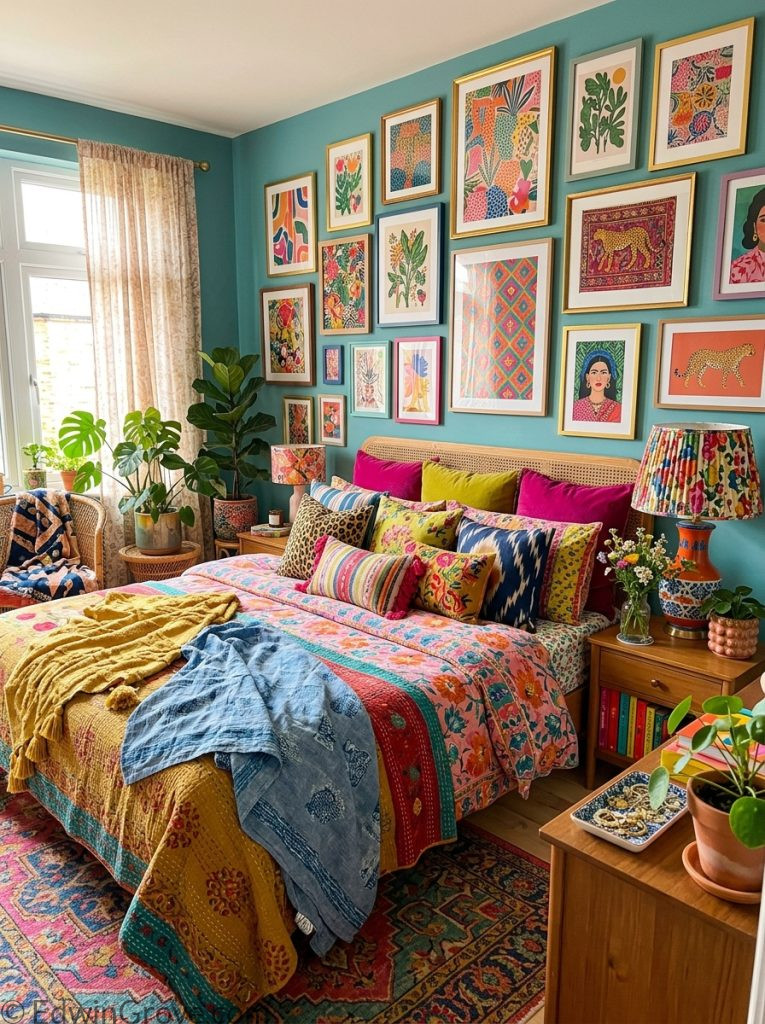 Bold maximalist summer bedroom with gallery wall colorful pillows layered bedding statement lamp plants and personal accessories
