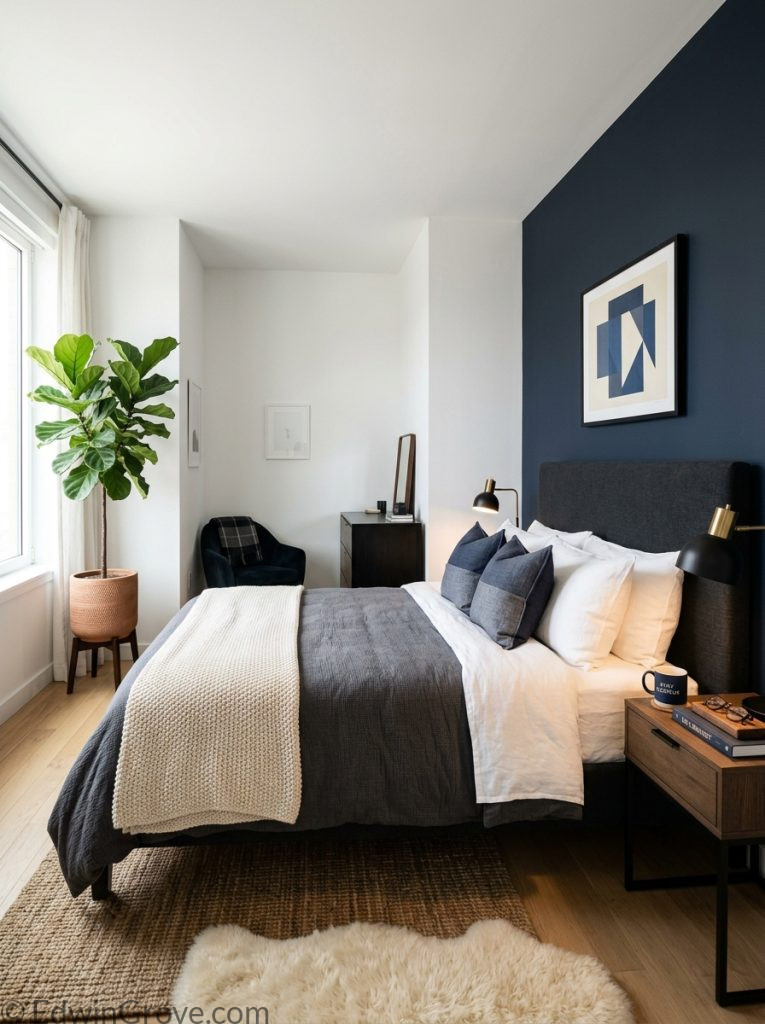  Stylish mens apartment bedroom with dark navy charcoal white natural textures minimal decor quality neutral bedding and large plant 