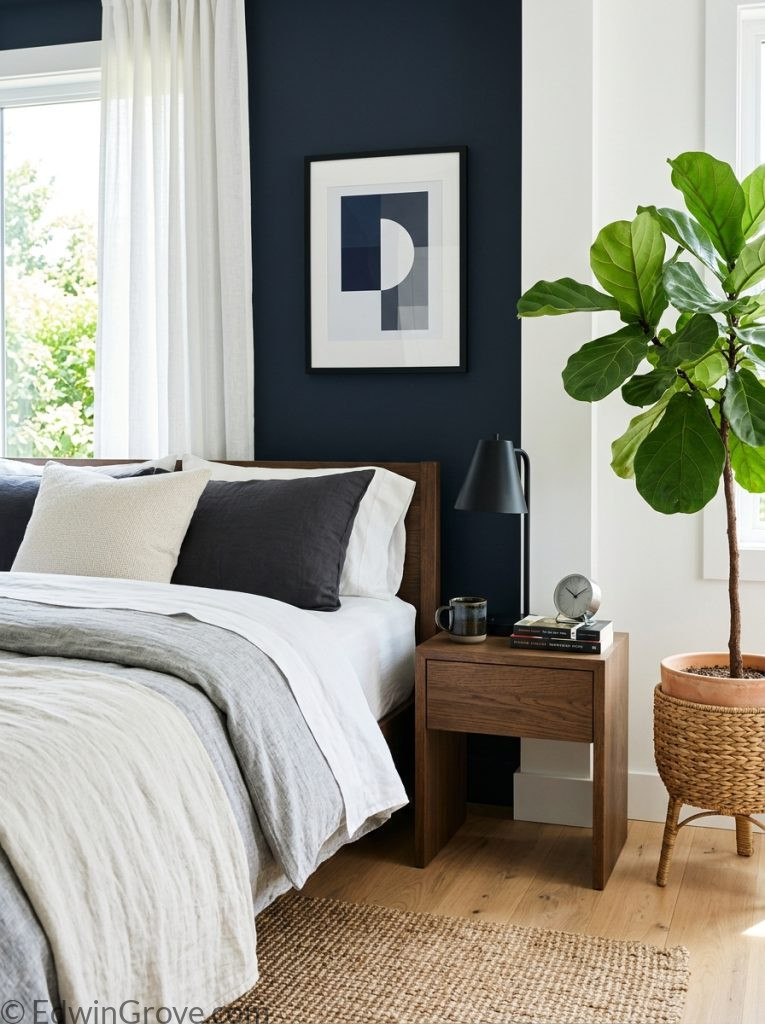 Stylish mens summer bedroom with dark navy charcoal tones white natural textures minimal decor quality bedding and large plant 