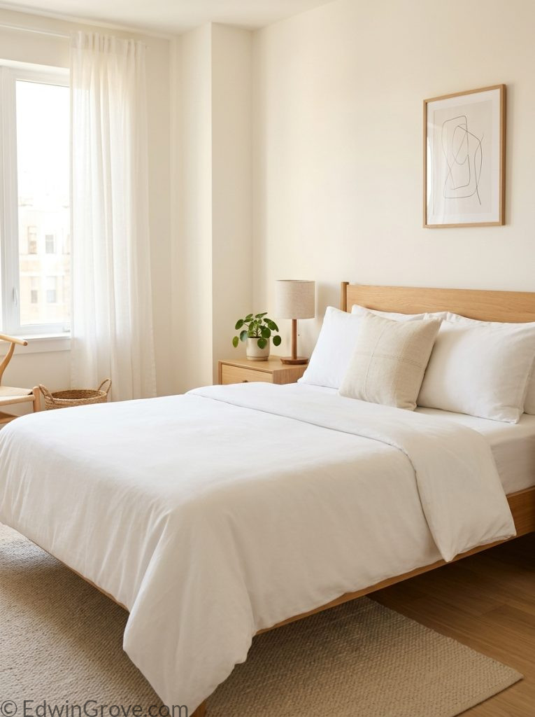 Minimal apartment bedroom with clean warm white cream tones crisp white bedding accent pillow simple wooden nightstand small lamp and plant 