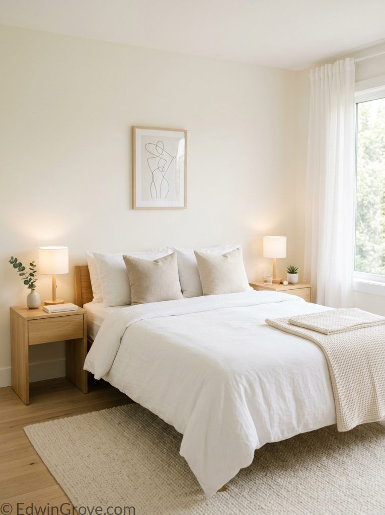 Minimal master bedroom for couples with white cream tones crisp bedding accent pillows matching wooden nightstands and simple lamps