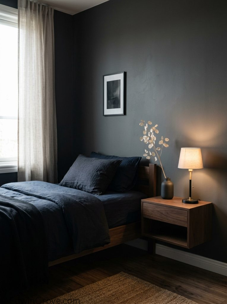 Minimalist dark feminine bedroom with deep moody tones dark bedding one warm lamp single dried stem dark vase and clean uncluttered nightstand 