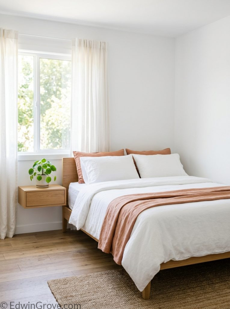  Clean minimalist summer bedroom with white walls white bedding simple accent color small plant and natural light 