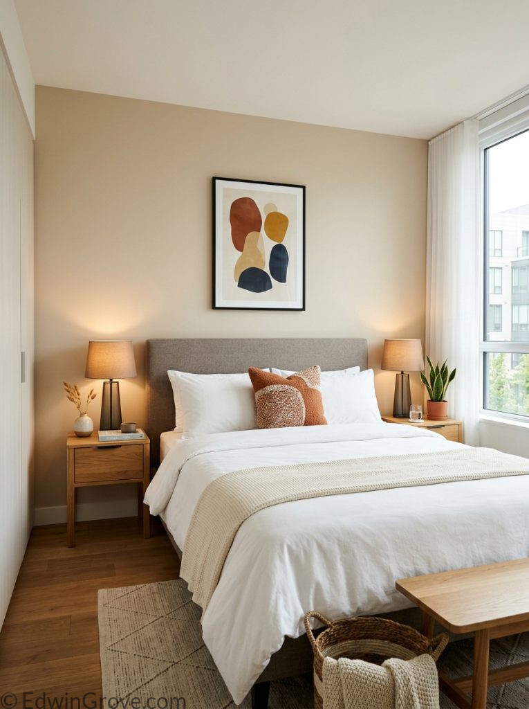  Modern apartment bedroom with clean contemporary lines warm neutral tones sleek headboard matching modern lamps abstract wall art and crisp textured bedding 