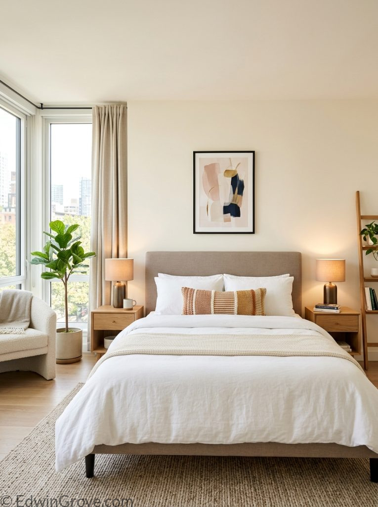  Beautiful blue apartment bedroom with navy dusty blue cream warm wood tones blue cream bedding layered pillows warm lamp wooden nightstand and small plant