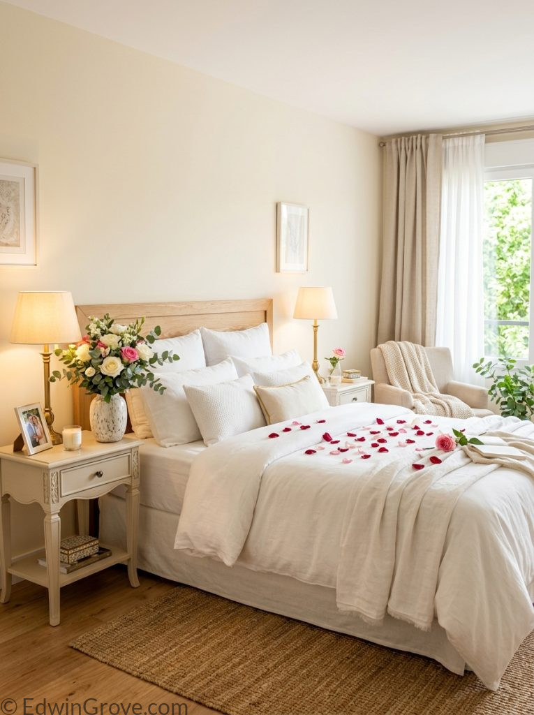  Beautiful newly married master bedroom with white cream tones fresh flowers matching lamps luxury bedding and romantic rose petals
