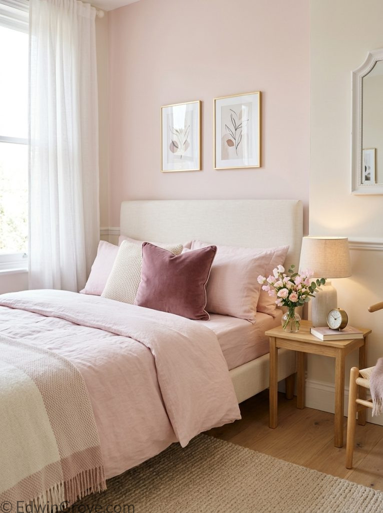 Pale burgundy and pink bedroom with soft pale pink muted burgundy bedding cream accessories gentle warm lighting and pale pink flowers