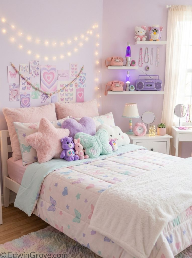  Pastel y2k bedroom with pale pink lilac mint baby blue tones pastel bedding butterfly star pillows fairy lights plush toys and soft accessories