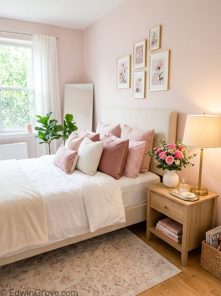Pink apartment bedroom with blush dusty rose white cream tones pink throw pillows white bedding warm lamp and fresh pink flowers
