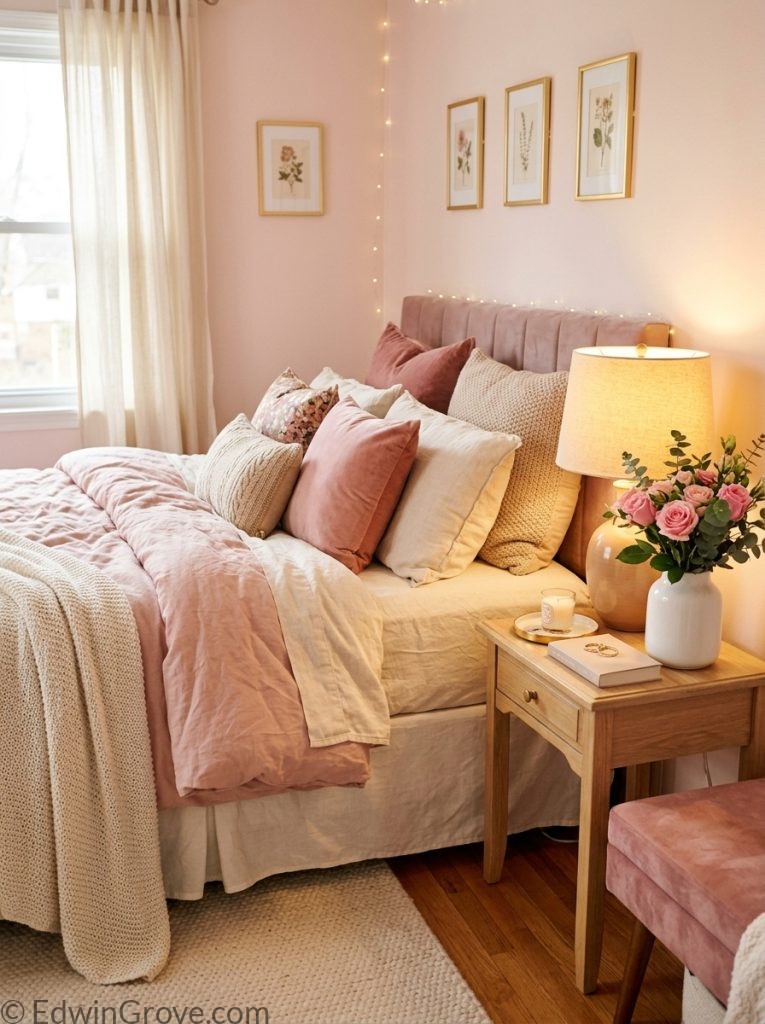 Pink cozy warm bedroom with blush dusty rose cream golden tones fluffy pink bedding warm lamp and fresh pink flowers