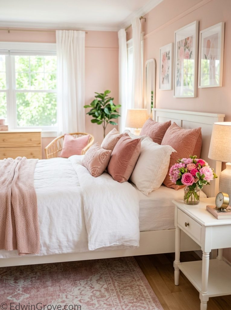 Beautiful pink summer bedroom with blush rose pink tones white accents pink throw pillows and fresh pink flowers 