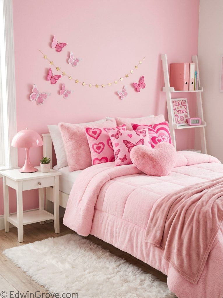  Pink y2k bedroom with bubblegum hot pink white tones fluffy bedding heart butterfly pillows pink retro lamp and star garlands