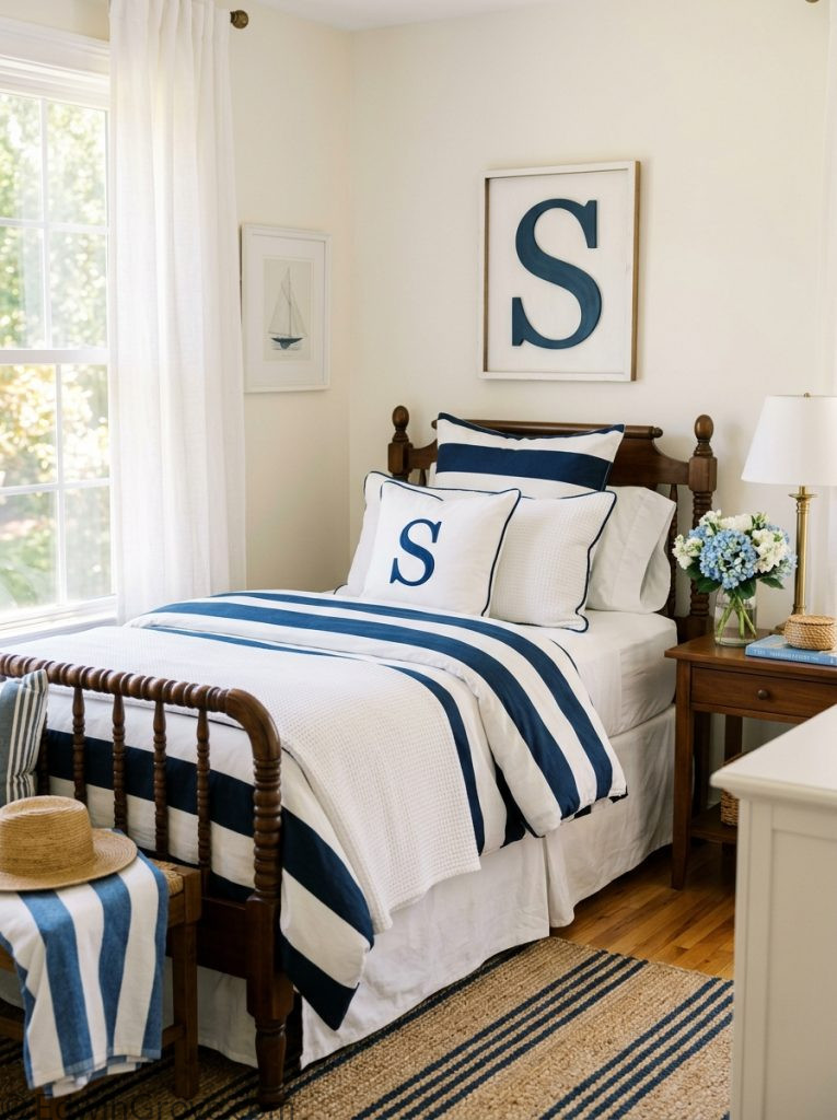  Preppy summer bedroom with navy blue white stripes crisp bedding striped throw pillow classic wooden furniture and monogram decor