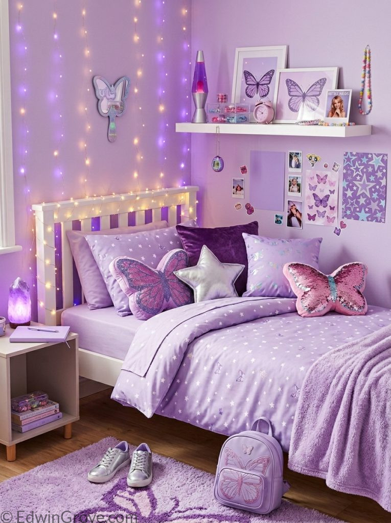 Purple y2k bedroom with lavender deep purple silver pink tones y2k bedding butterfly star pillows holographic accessories and fairy lights 
