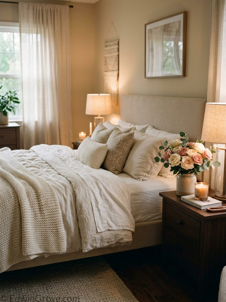  Romantic master bedroom for couples with warm lamps candles layered cream bedding textured throw fresh roses sheer curtains and soft warm atmosphere