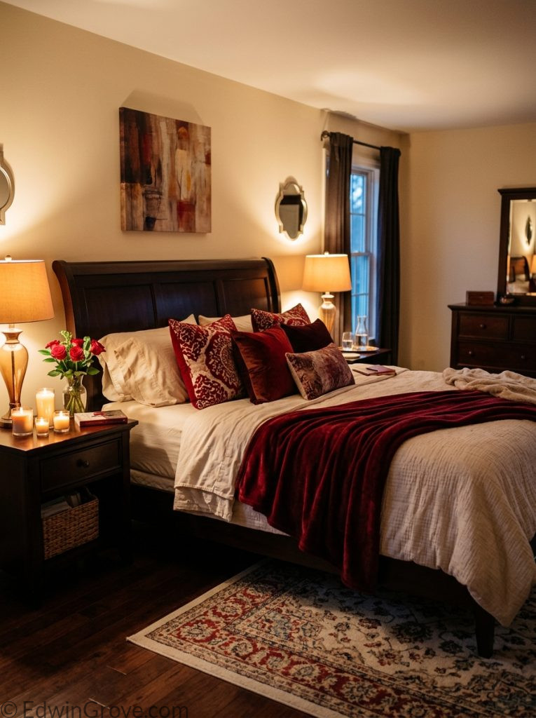 Romantic red master bedroom for couples with burgundy warm red cream dark tones red throw pillows accent throw candlelight and warm lamp 