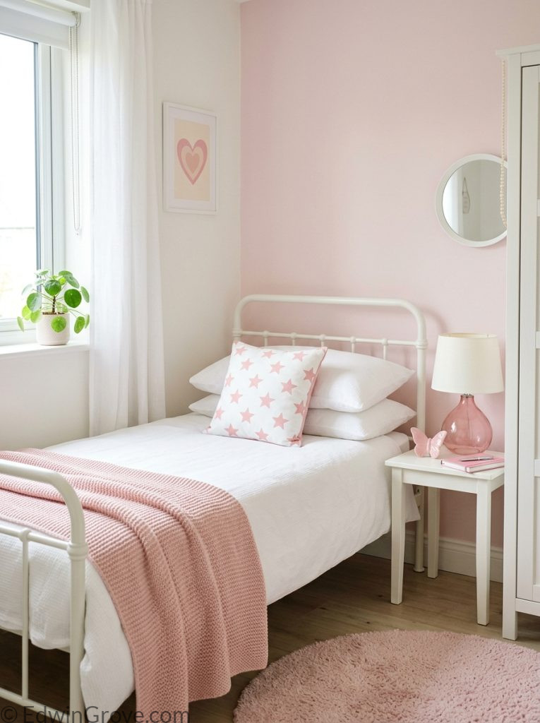  Simple y2k bedroom with soft pink white tones butterfly decoration star pillow clean white bedding pink throw and simple retro lamp 
