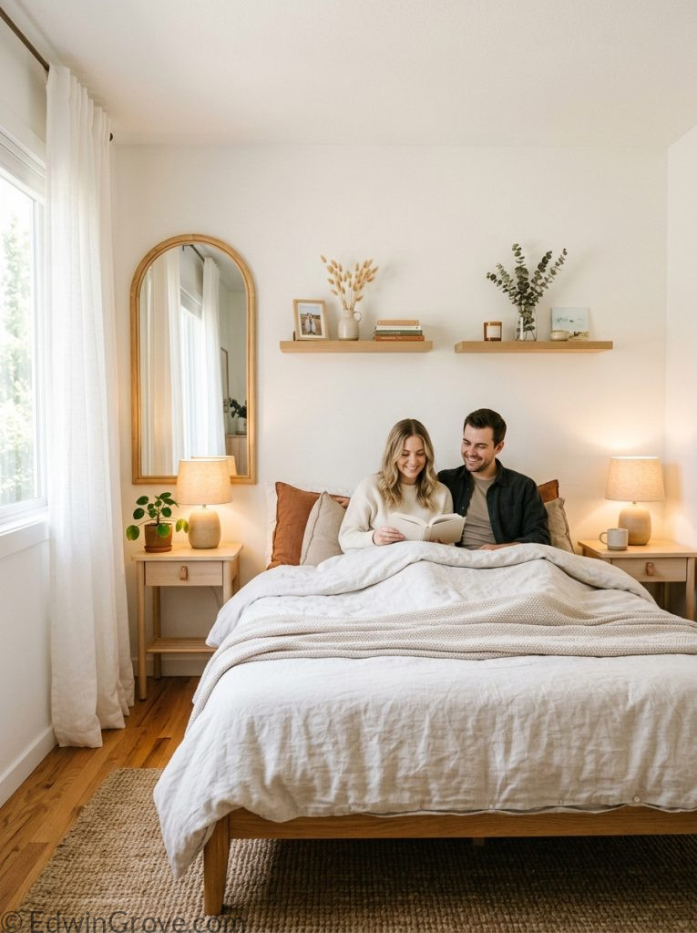 Small master bedroom for couples with compact nightstands floating shelves warm bedding large mirror warm lamp and small plant 