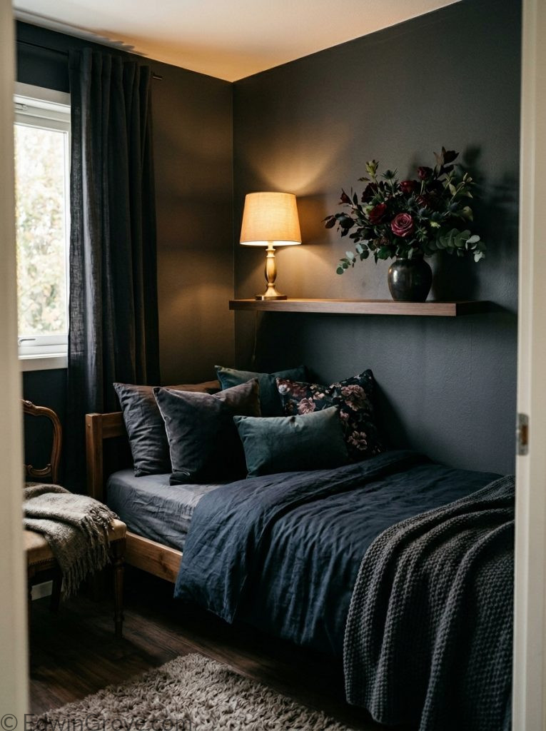 Small dark feminine bedroom with deep moody tones floating shelf warm lamp dark floral arrangement dark bedding intimate cozy luxurious atmosphere 