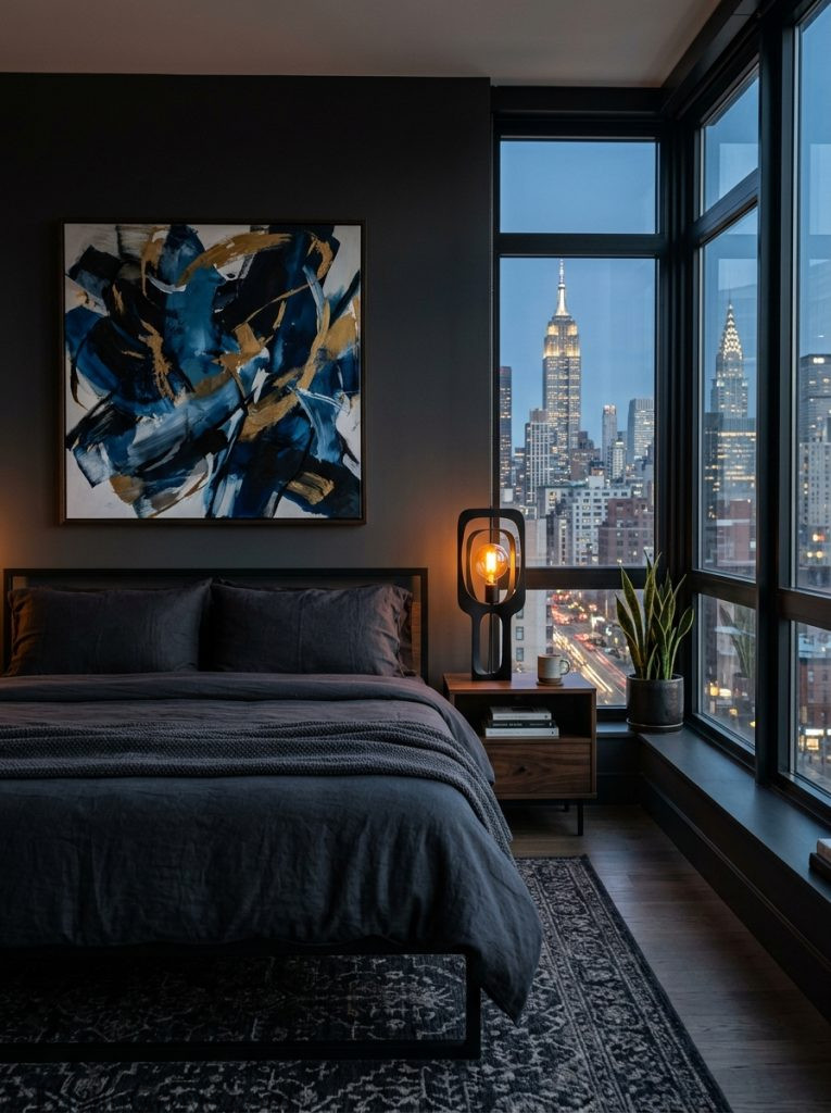 Stylish NYC apartment bedroom with dark urban tones large window city light dark bedding minimal accessories statement lamp and bold wall art 