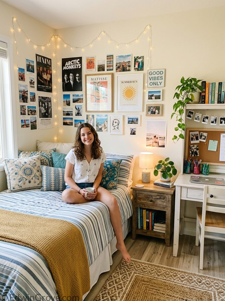  Stylish teen summer bedroom with string lights gallery wall posters layered cool tone bedding and personal desk area 