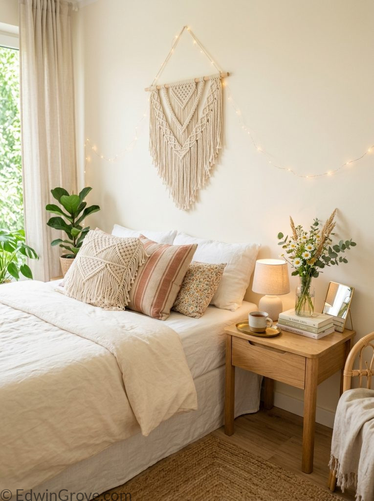 Aesthetic summer bedroom with warm tones woven wall hanging string lights and carefully curated nightstand decor